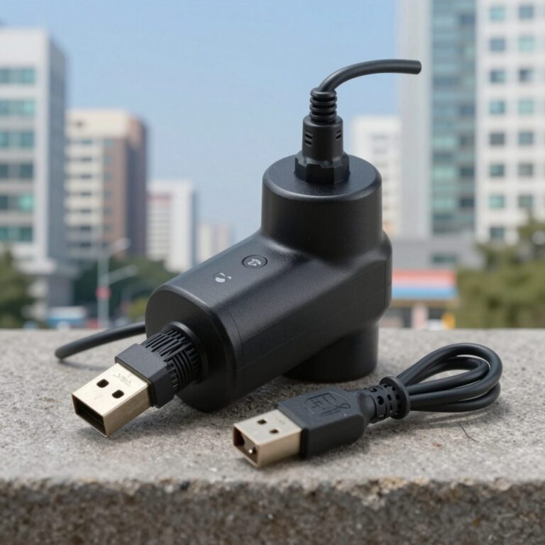 인텍스 USB 에어펌프 본체와 노즐, 충전 케이블을 펼쳐 놓은 사진