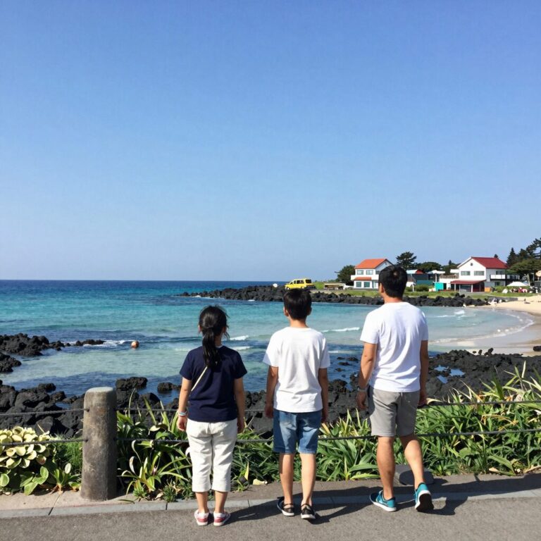 제주도 여름 가족여행 승합차투어 중 애월 한담공원에서 가족이 바다를 바라보며 걷는 모습