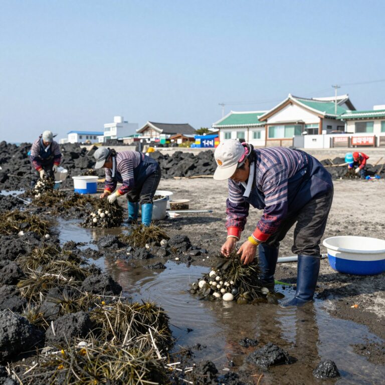제주도 해녀체험에서 물질하는 모습과 채취한 해산물