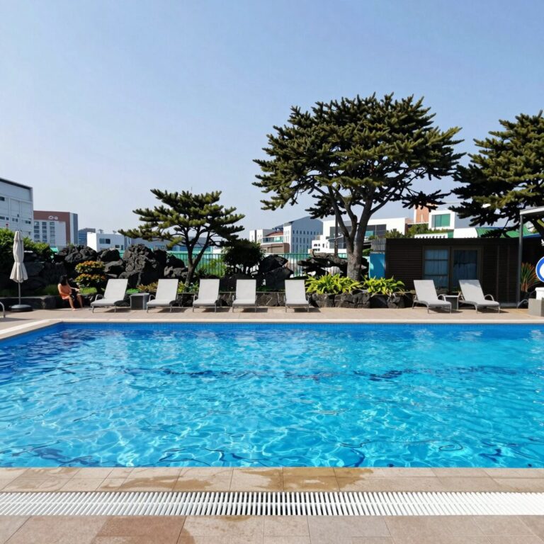 제주 금호리조트 아쿠아나 실내 수영장 전경으로 야외 정원이 보이는 파노라마 뷰