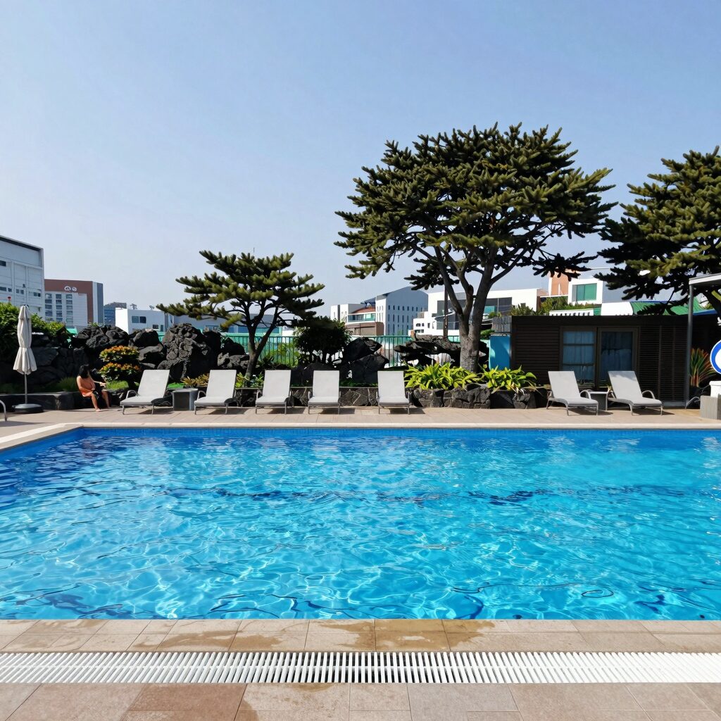 제주 금호리조트 아쿠아나 실내 수영장 전경으로 야외 정원이 보이는 파노라마 뷰