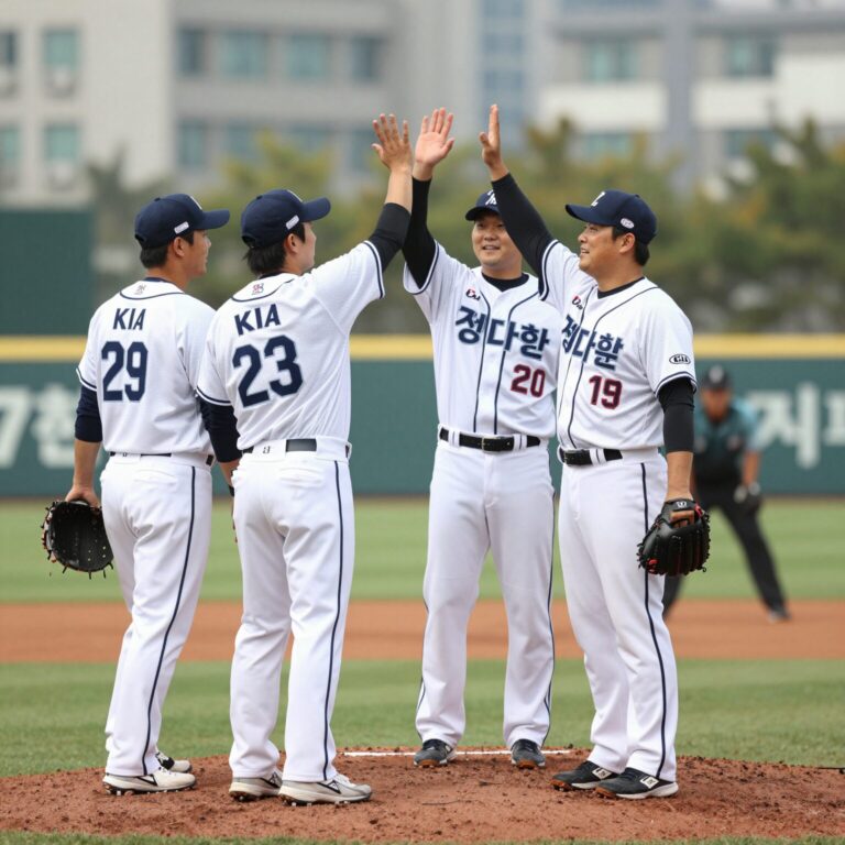 키움 정다훈 투수가 KIA전 7회말 위기를 넘긴 후 마운드에서 내려오며 동료와 하이파이브하는 모습