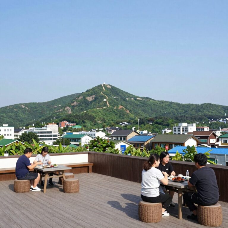 마이산뷰 펜션에서 바라본 마이산 전경과 테라스 바비큐 공간