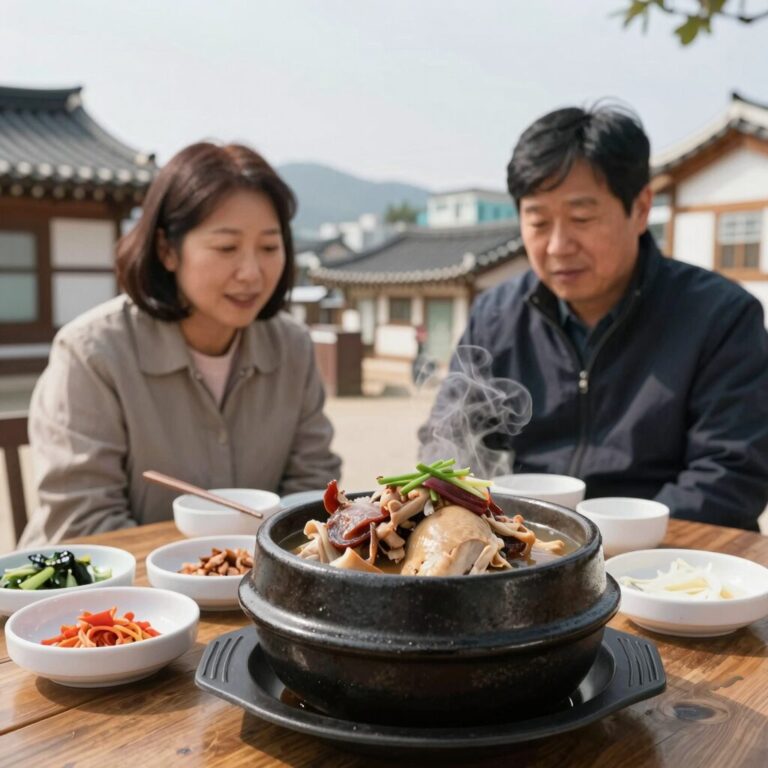 진주 삼계탕 맛집 산골애의 수제 누룽지 닭백숙과 옛날통닭이 함께 나온 모습