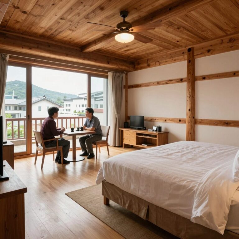 지리산 일성콘도 객실 내부 모습으로 오래된 인테리어와 넓은 거실이 보인다