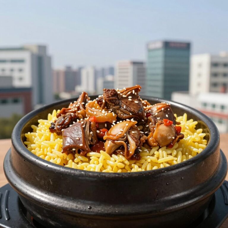 Блюдо 찹쌀닭찜 (клейкий рис с курицей) для дня 중복, приготовленное на пару