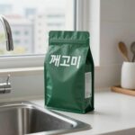 초파리 퇴치기 추천 비교 사용법 깨꼬미 초파리트랩이 주방 싱크대 옆에 놓여 있는 모습. 세련된 초록색 패키지가 주방 인테리어와 잘 어울린다.