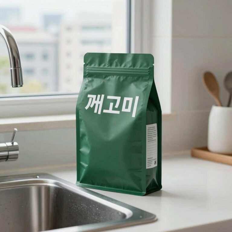 깨꼬미 초파리트랩이 주방 싱크대 옆에 놓여 있는 모습. 세련된 초록색 패키지가 주방 인테리어와 잘 어울린다.