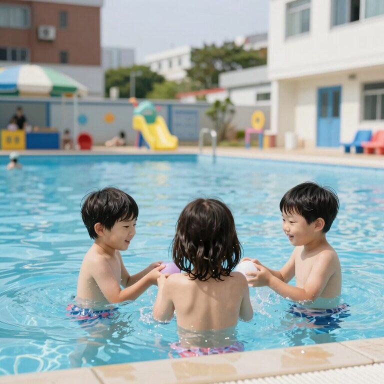 어린이 수영장에서 즐거워하는 아이들