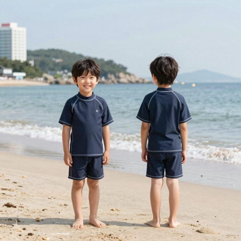 아동 래쉬가드 세트를 입고 해변에서 즐거워하는 아이