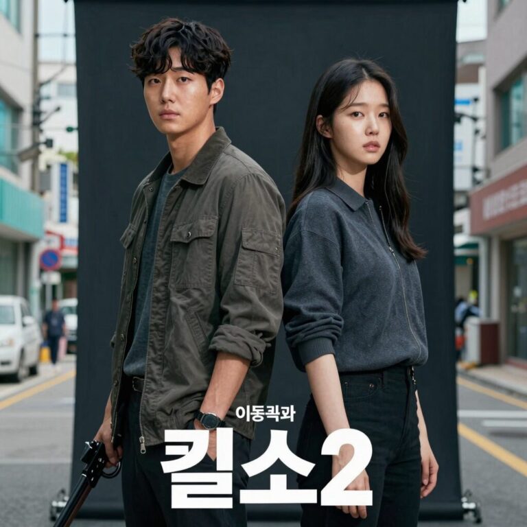 이동욱과 김혜준이 나란히 서있는 킬쇼2 메인 포스터, 어두운 배경에 무기를 든 모습