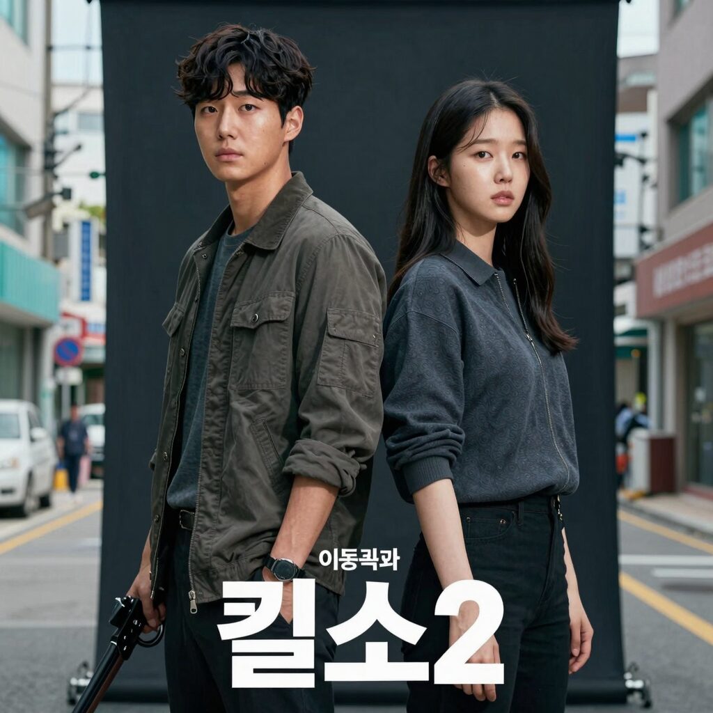 이동욱과 김혜준이 나란히 서있는 킬쇼2 메인 포스터, 어두운 배경에 무기를 든 모습