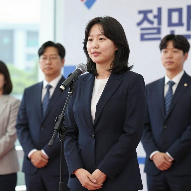 김은혜 출마 선언 기자회견 현장에서 마이크 앞에 서서 포부를 밝히는 모습