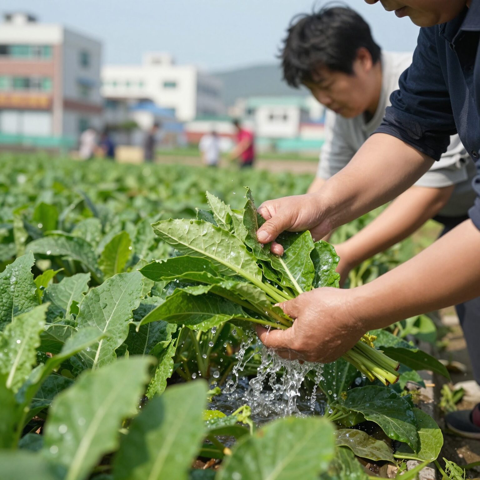 깻잎순을 데친 후 찬물에 헹구는 모습