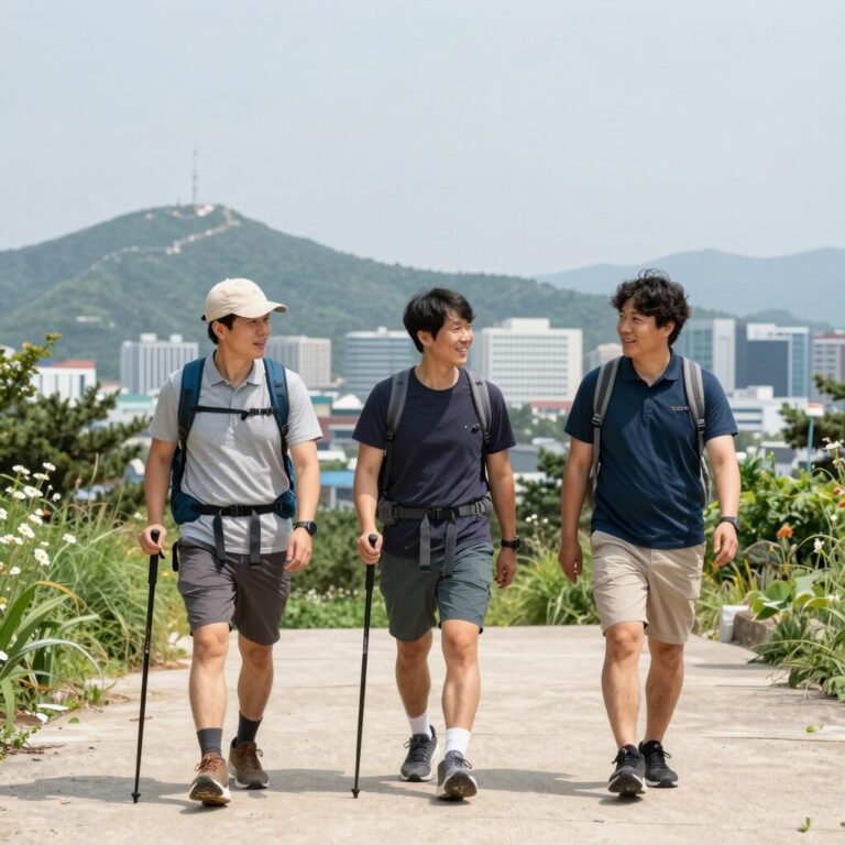 여름철 산에서 콜핑 등산바지를 입고 활동하는 모습