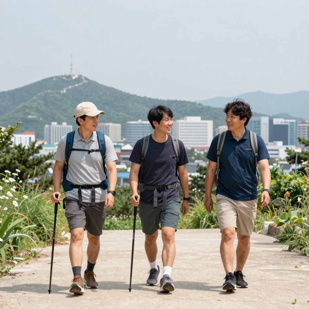 여름철 산에서 콜핑 등산바지를 입고 활동하는 모습