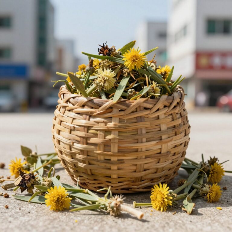 칡꽃 효능을 설명하는 사진: 말린 칡꽃이 담긴 찻잔과 주변에 놓인 신선한 칡꽃