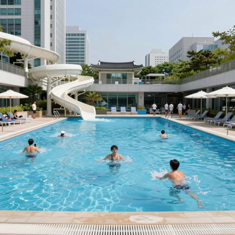 청주 라킨타펜션의 넓은 수영장과 워터슬라이드 전경