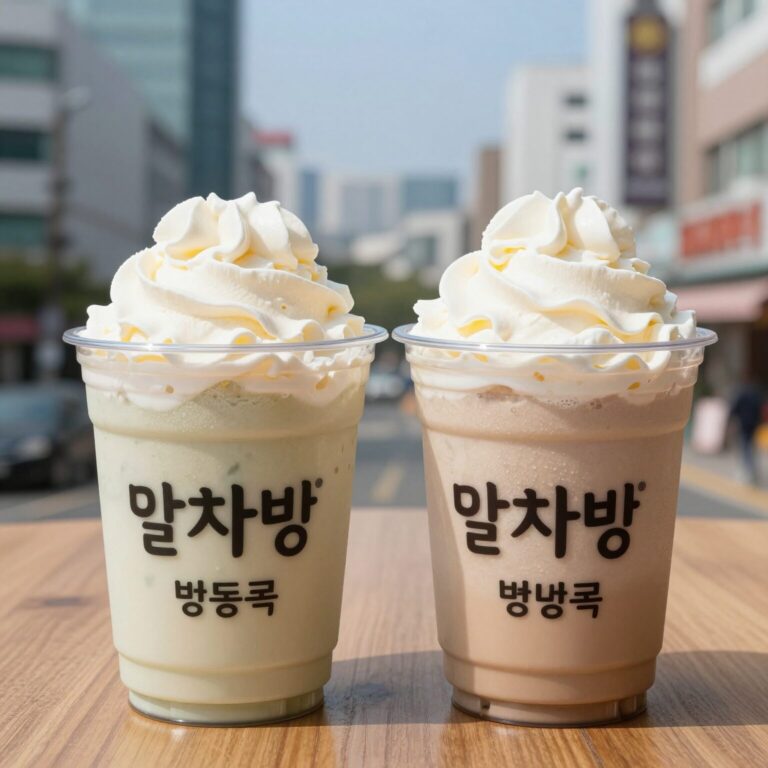 롯데리아 말차빙수와 팥빙수가 나란히 놓인 모습. 풍성한 토핑과 소프트 아이스크림이 시선을 끈다.