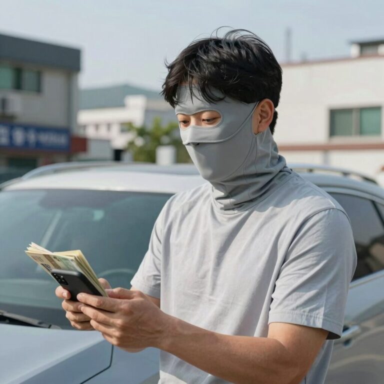 야외에서 남자가 손에 든 차분한 색상의 암막 양산. 자외선 차단 효과로 얼굴에 그림자가 지고 있음.