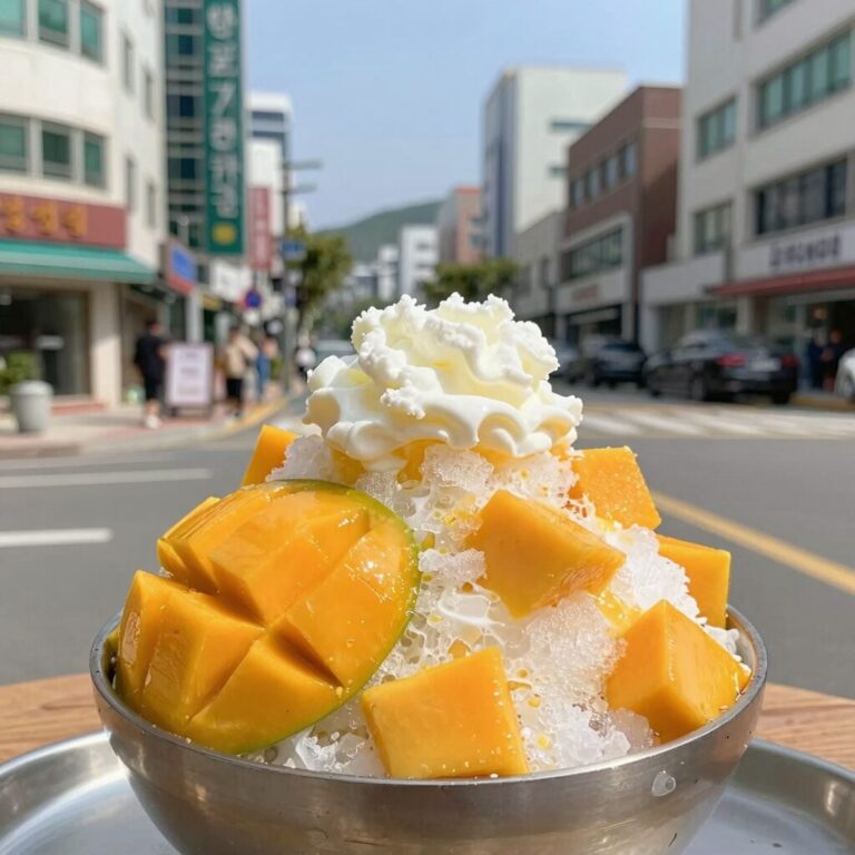 창원 가로수길 바스토 카페의 망고빙수가 테이블 위에 놓여 있다. 듬뿍 올라간 망고와 눈꽃 얼음이 보인다.