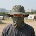 캠핑장에서 착용한 남자 정글모자, 넓은 챙이 얼굴과 목을 가려주는 모습