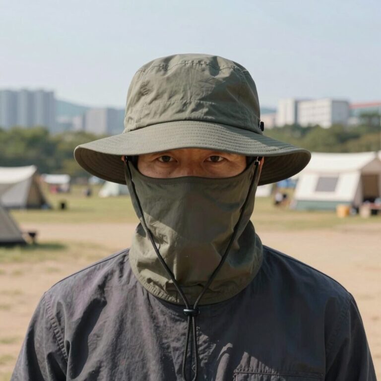 캠핑장에서 착용한 남자 정글모자, 넓은 챙이 얼굴과 목을 가려주는 모습
