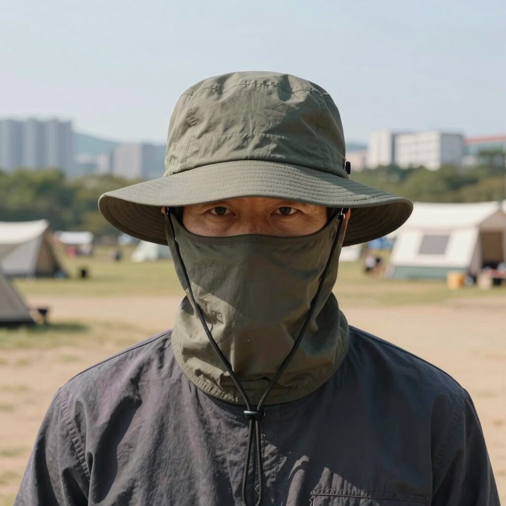 캠핑장에서 착용한 남자 정글모자, 넓은 챙이 얼굴과 목을 가려주는 모습