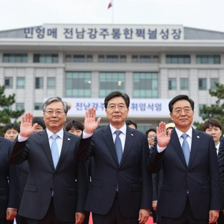 민형배 전남광주통합특별시장 취임식 사진 떠오르는 광주청사 앞에서 손을 흔드는 모습