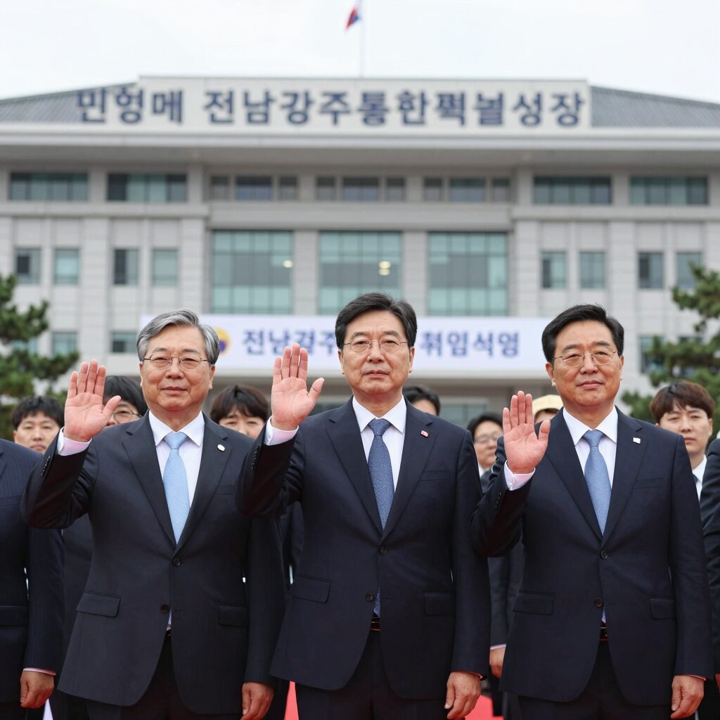 민형배 전남광주통합특별시장 취임식 사진 떠오르는 광주청사 앞에서 손을 흔드는 모습