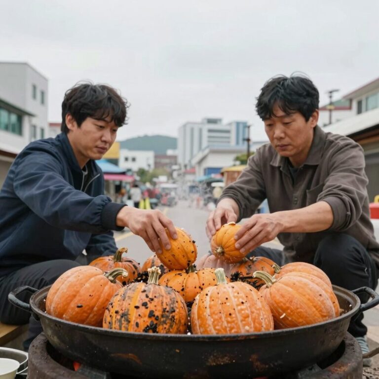 미니 단호박 찜기에 옆으로 뉘어 놓고 찌는 모습