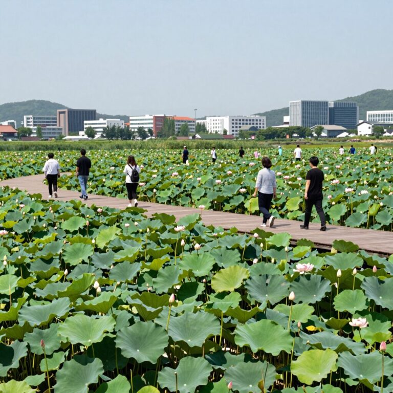 밀양 연꽃단지 데크길에서 바라본 연꽃과 연잎 풍경