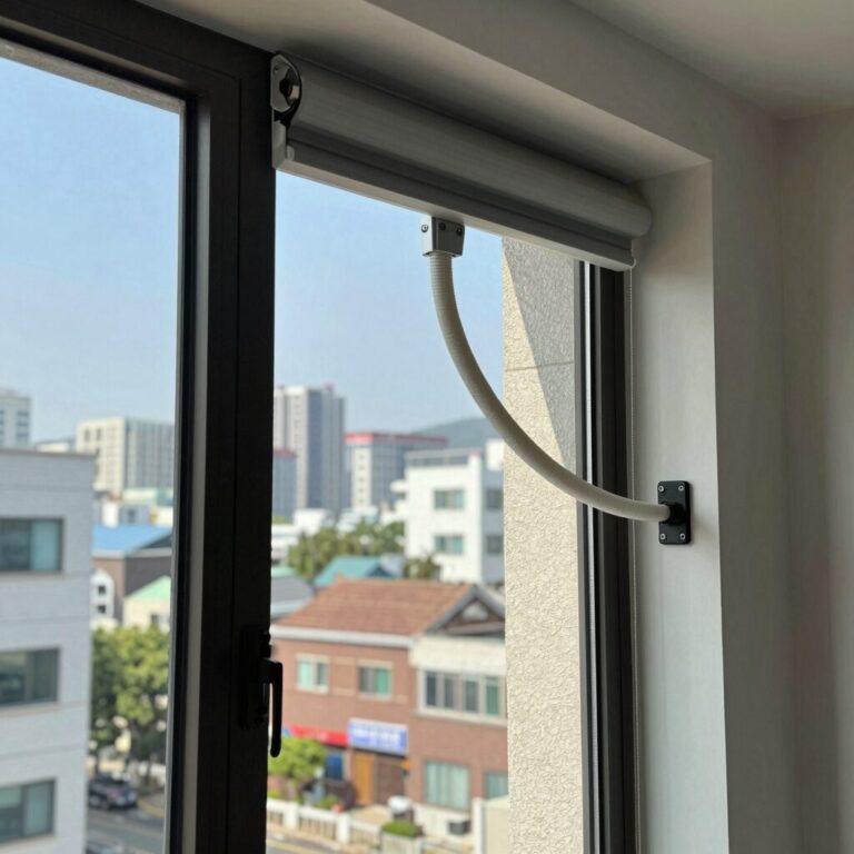 이동식 에어컨 배기 호스를 창문 키트로 연결한 설치 예시 사진
