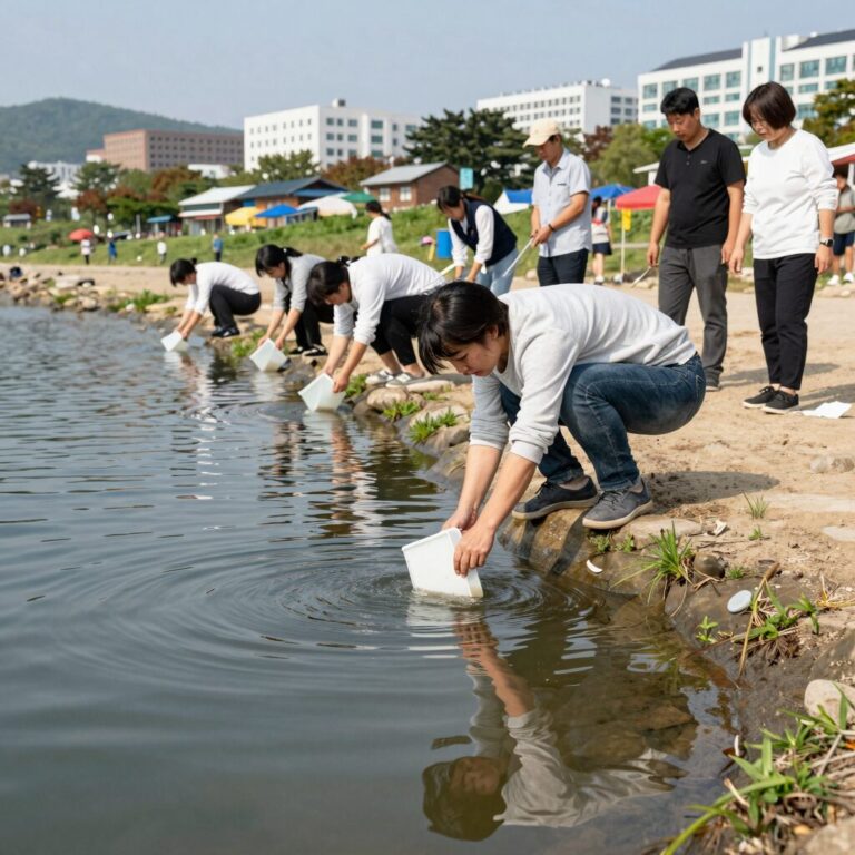 장구벌레 퇴치를 위해 수련 연못에 미꾸라지를 넣는 모습