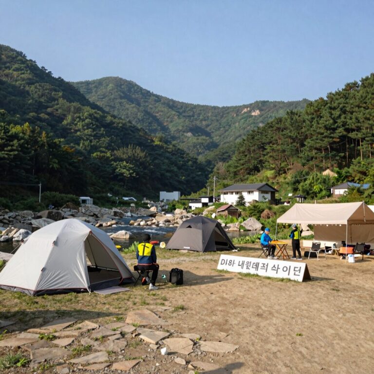 지리산 내원야영장 D8번 데크 사이트와 계곡 전경