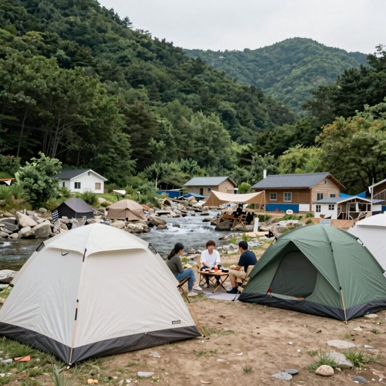 소백산 남천야영장 산막텐트 구역과 계곡 전경