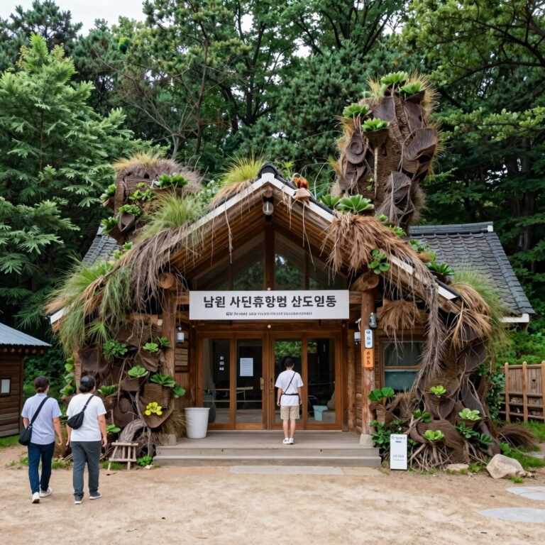 남원 자연휴양림 산토끼동 외관, 담쟁이 덩쿨이 덮인 숲속 숙소 모습