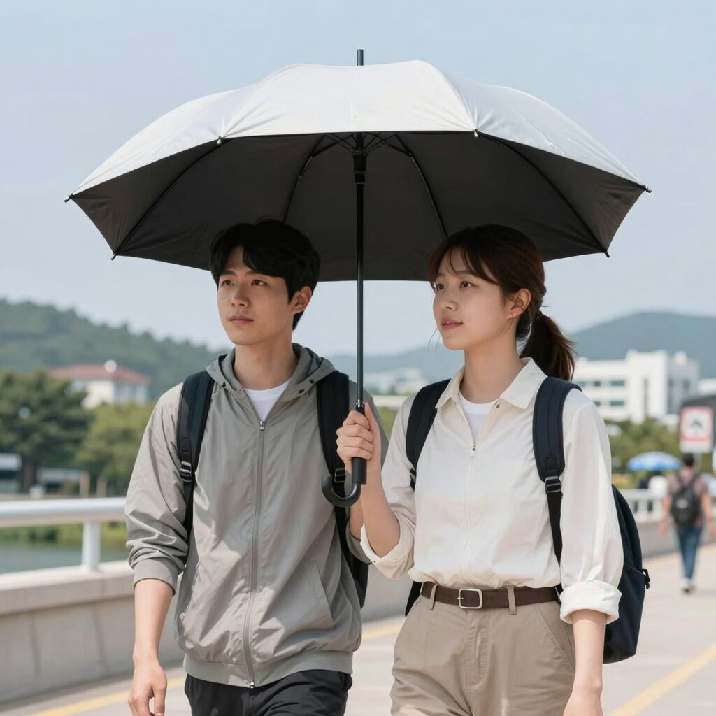 9월 나트랑 우기 여행을 위한 가벼운 우산과 통풍 옷차림을 보여주는 사진