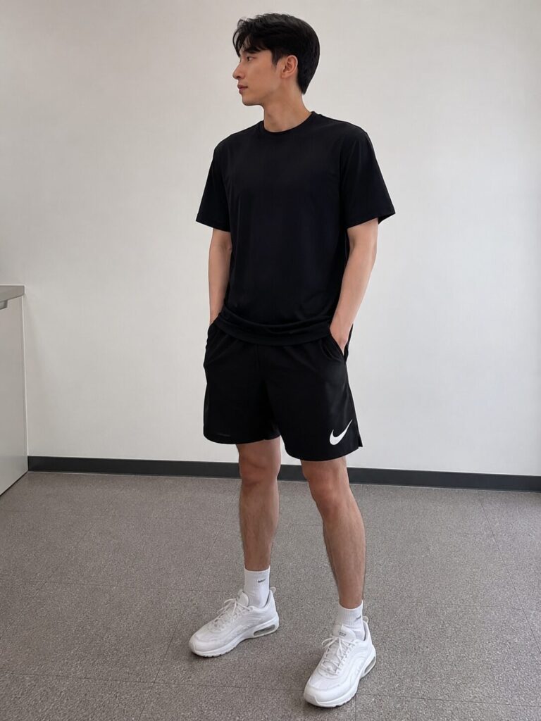 나이키 스우시 반바지 BV6855-010 블랙 색상 실물 착용 사진