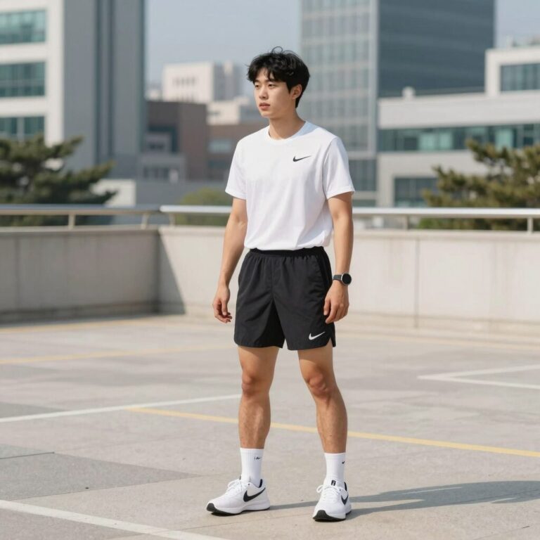 나이키 우븐 쇼츠를 입고 활동하는 모습, 편안한 핏과 깔끔한 실루엣 강조