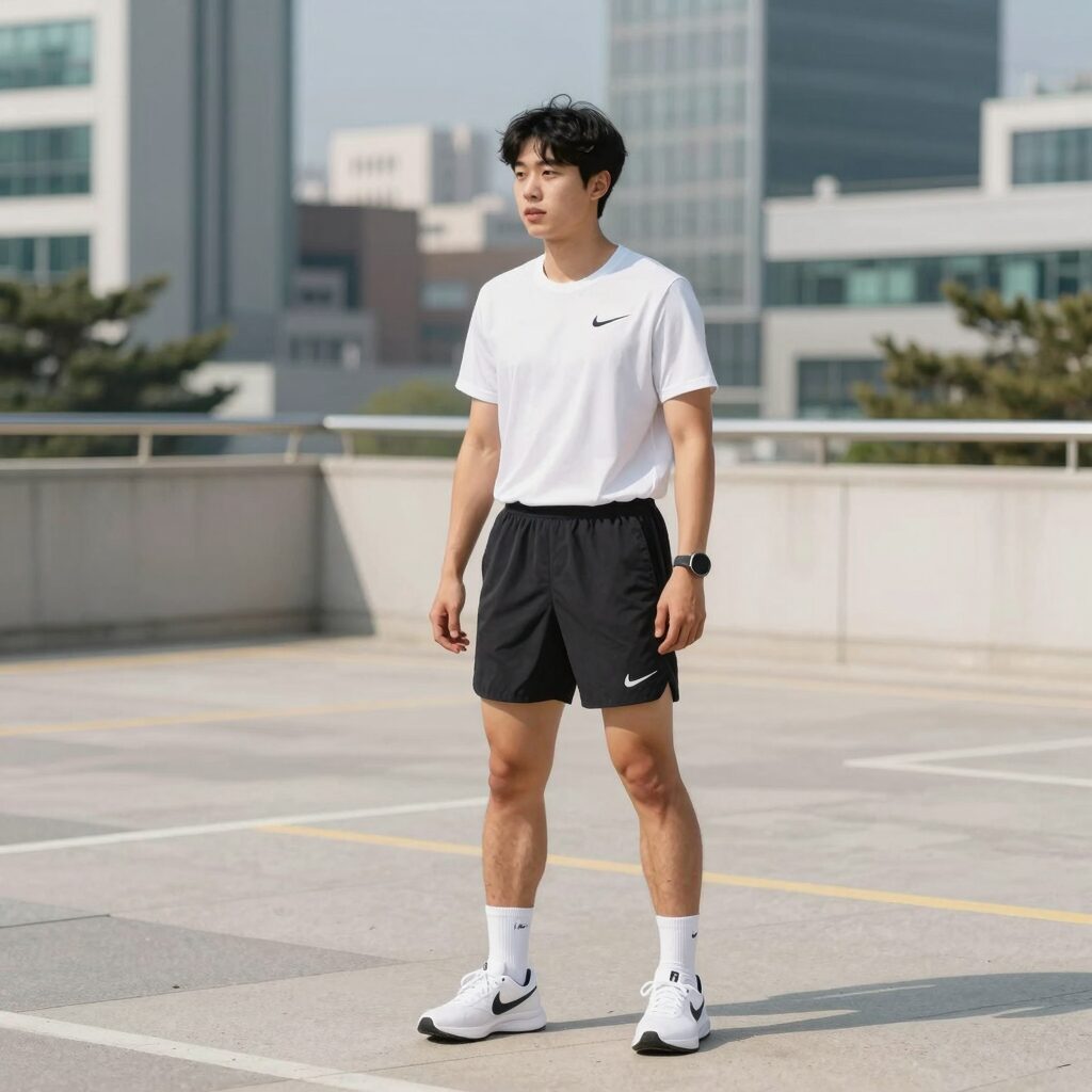 나이키 우븐 쇼츠를 입고 활동하는 모습, 편안한 핏과 깔끔한 실루엣 강조