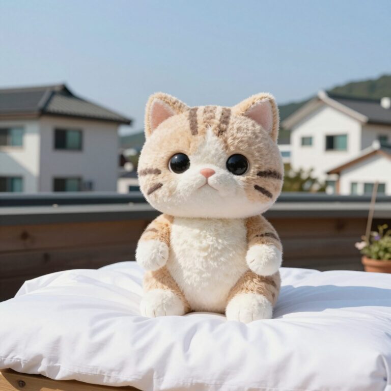 울릉도 게스트하우스 냥꼬네 마스코트 고양이 냥꼬가 침대 위에 앉아 있는 모습