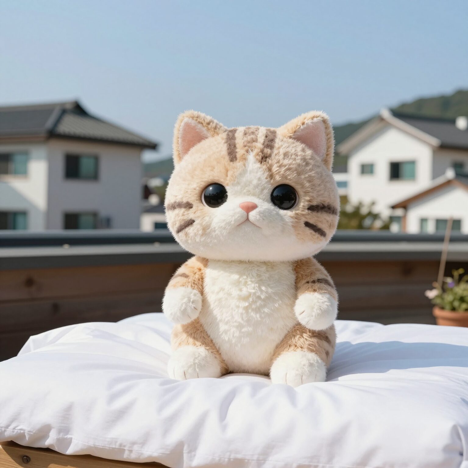 울릉도 게스트하우스 냥꼬네 마스코트 고양이 냥꼬가 침대 위에 앉아 있는 모습