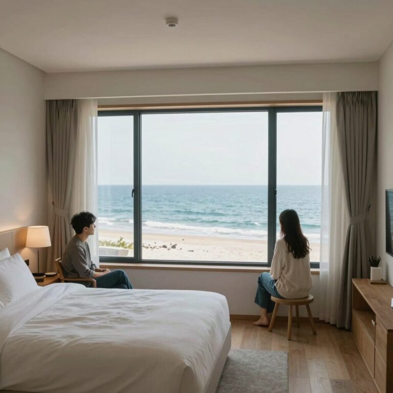 통유리로 보이는 동해바다 오션뷰 펜션 객실 내부