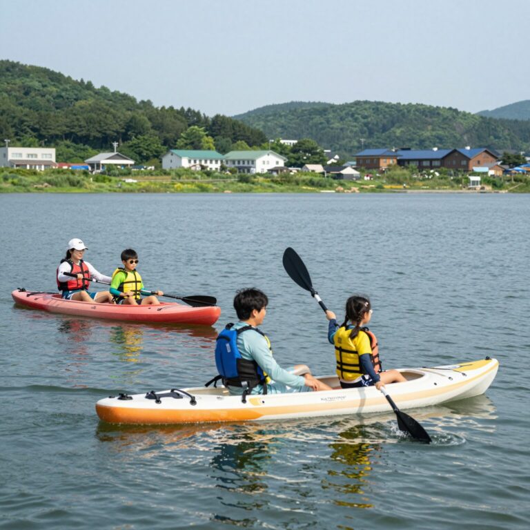 해남 오시아노 캠핑장 수상레저파크에서 카약과 패들보드를 즐기는 가족의 모습