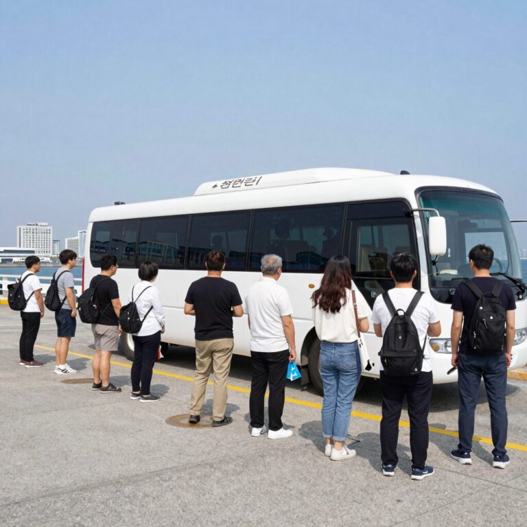 오션월드 셔틀버스 탑승장소에서 기다리는 사람들