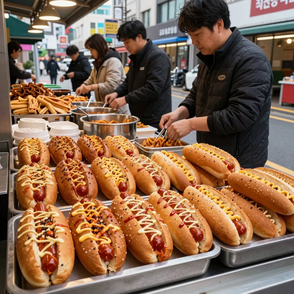 오션월드 먹거리 중 츄러스와 핫도그, 떡볶이가 진열된 모습