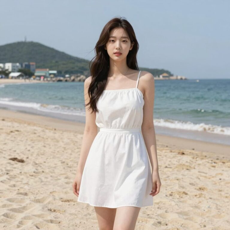 여름 해변에서 입기 좋은 화이트 오프숄더 원피스 스타일링