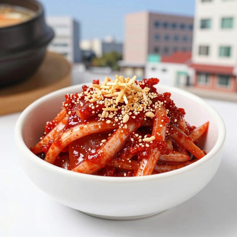 완성된 오이장아찌 무침 그릇에 담긴 모습, 붉은 양념이 고루 배어 있고 깨와 참기름이 더해져 먹음직스럽다