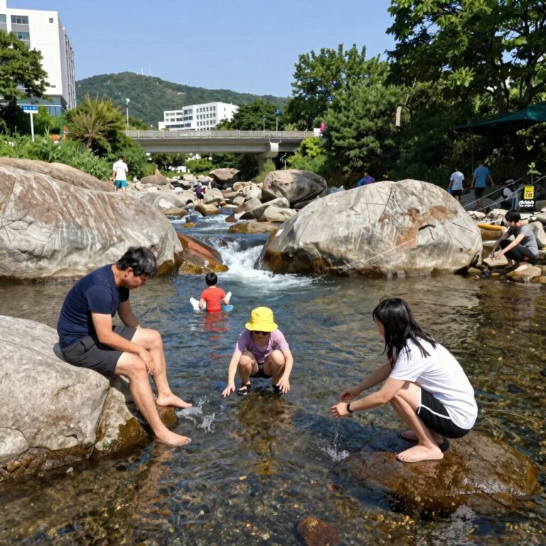 옥계계곡 청솔펜션 전용 계곡에서 물놀이하는 사람들, 맑은 물과 큰 바위들
